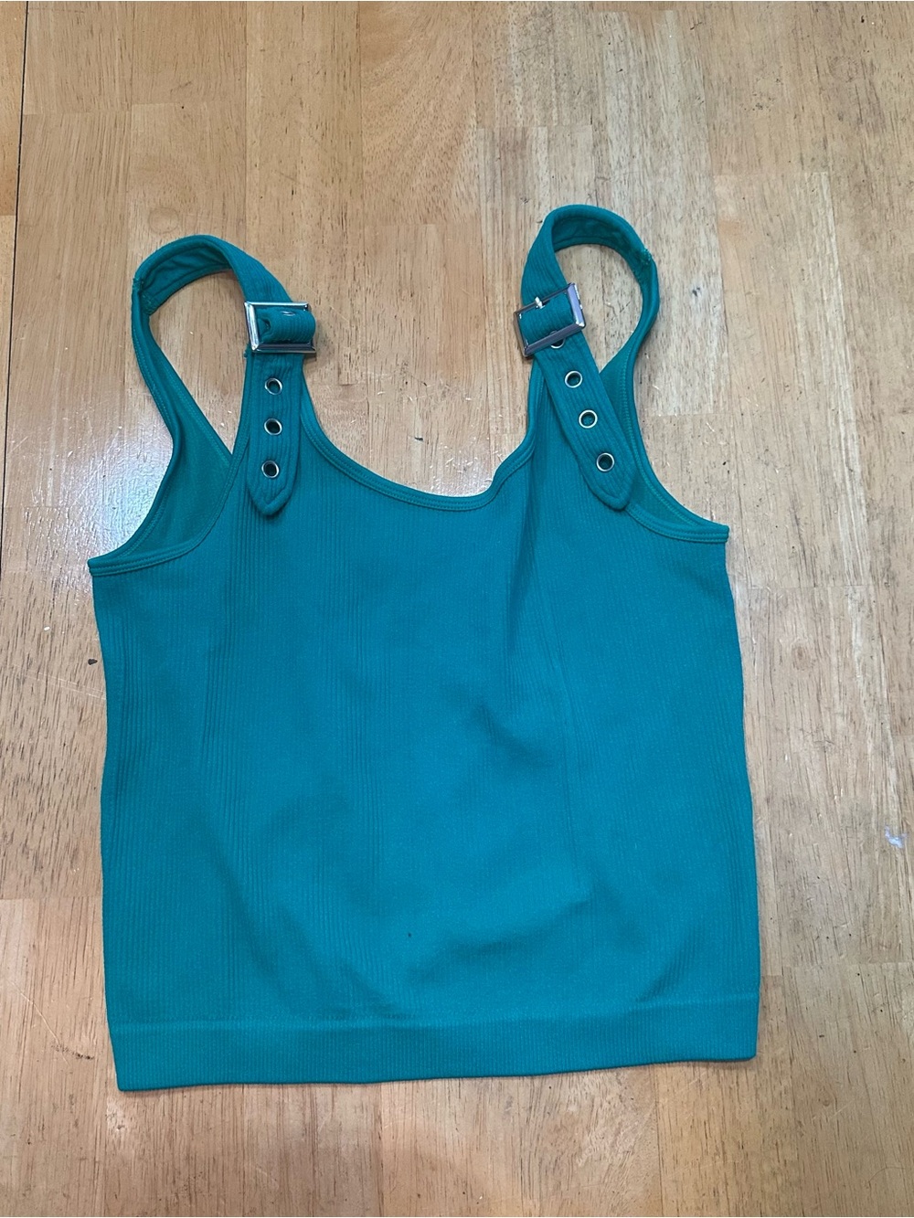 Ribbed Teal Tank Top with Buckle-Strap Detail